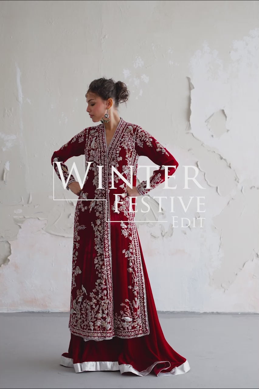Pakistani Deep Red Zardozi Velvet Angrakha Chogha (2-Piece) - Image 6