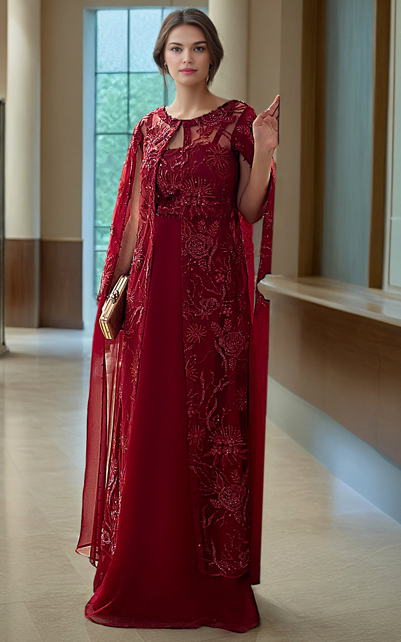 Pakistani Deep Red Embroidered Net Cape Dress (3-Piece) - Image 1