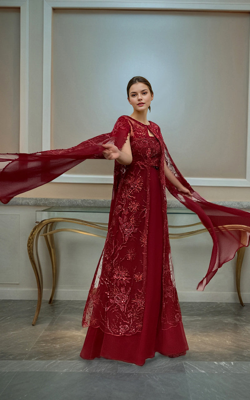 Pakistani Deep Red Embroidered Net Cape Dress (3-Piece) - Image 2