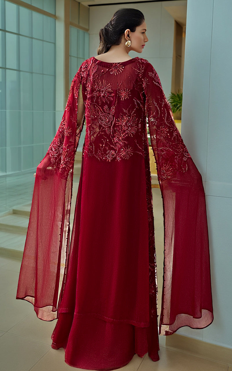 Pakistani Deep Red Embroidered Net Cape Dress (3-Piece) - Image 3