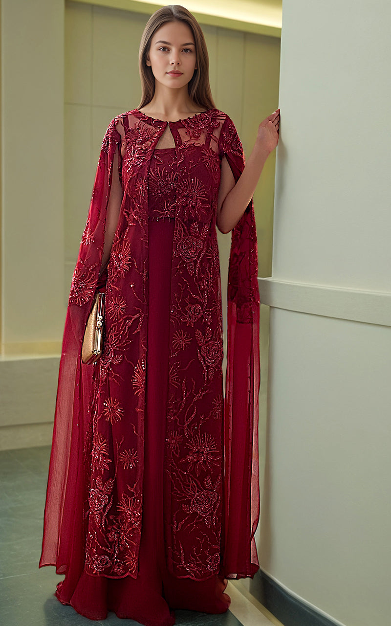 Pakistani Deep Red Embroidered Net Cape Dress (3-Piece) - Image 4