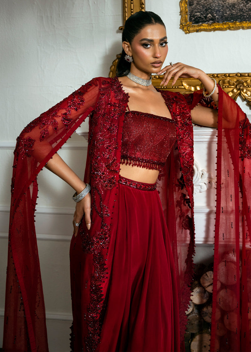 Deep Red Beaded Net Sarong Cape Dress (3-Piece) - Image 2