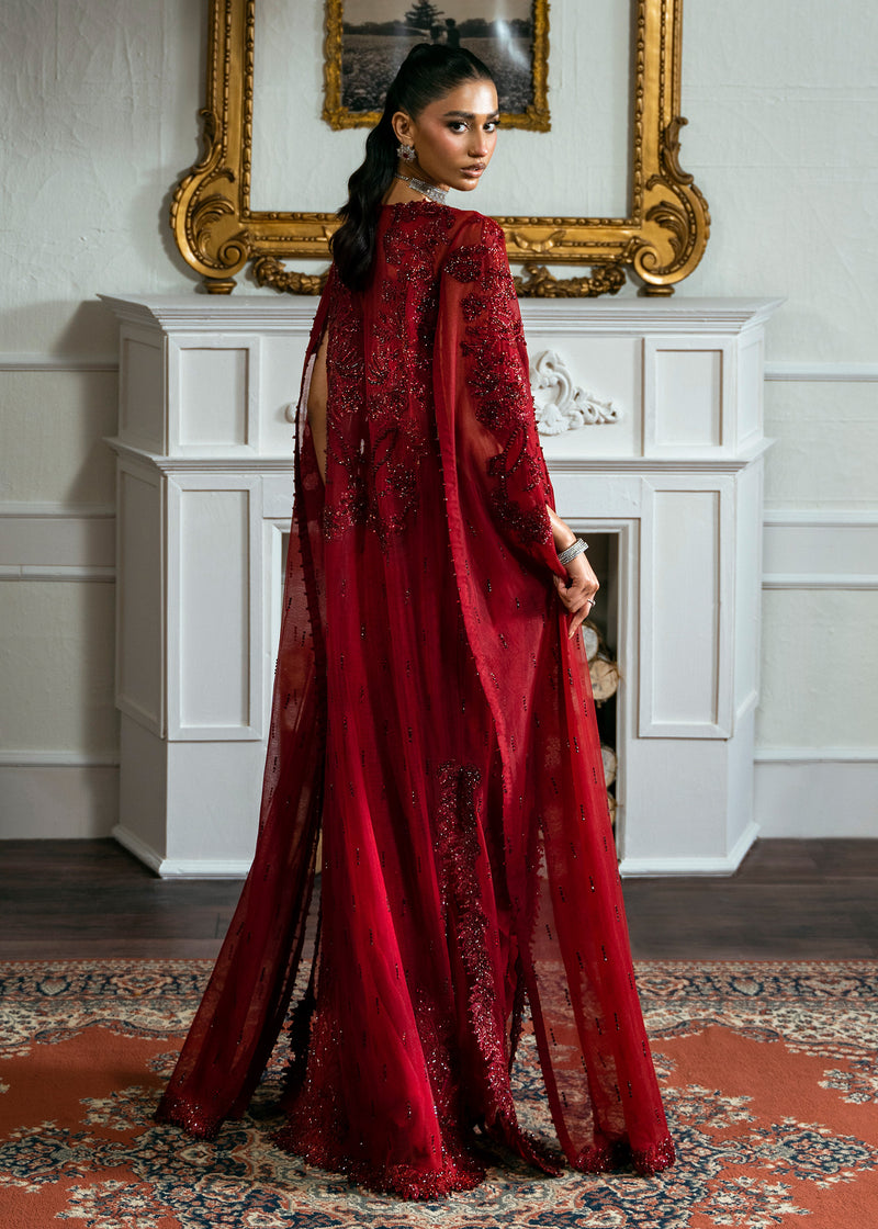 Deep Red Beaded Net Sarong Cape Dress (3-Piece) - Image 4