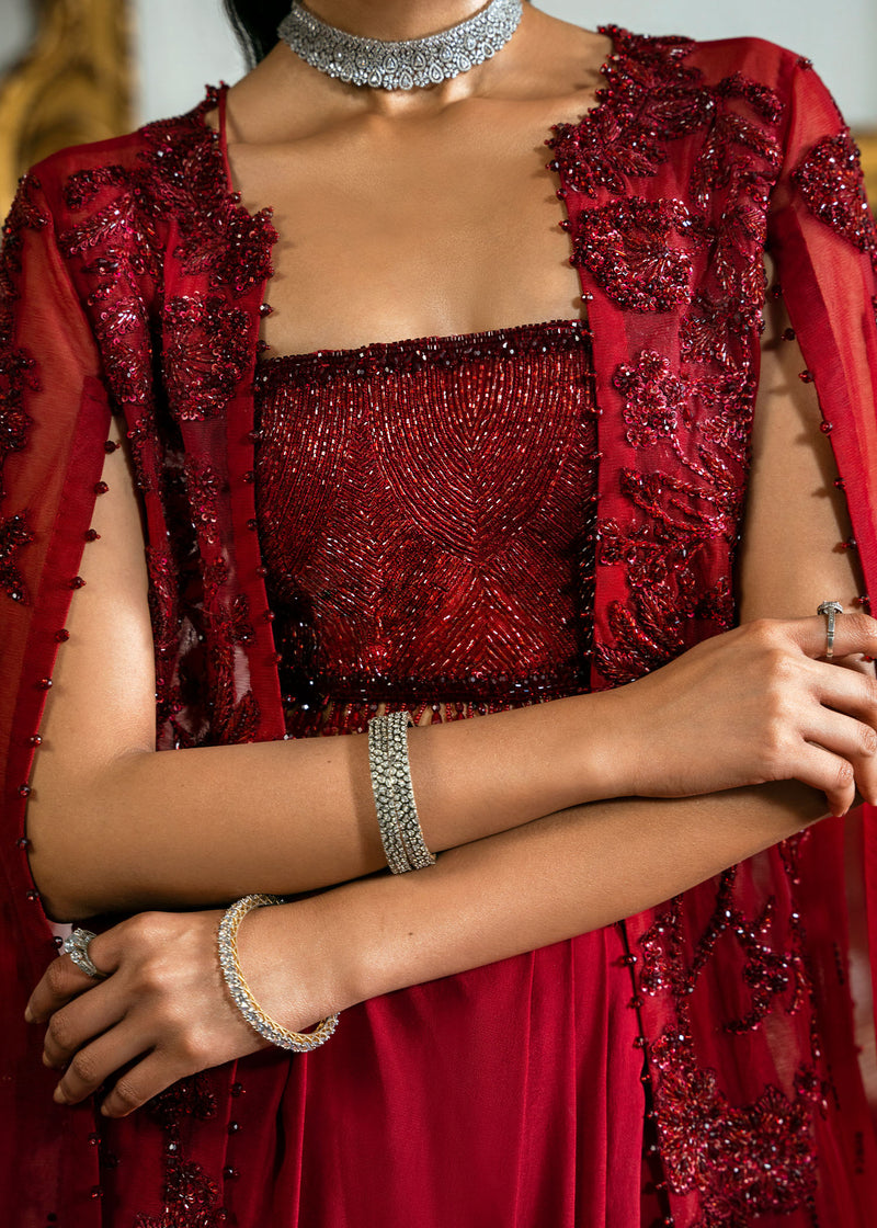 Deep Red Beaded Net Cape Dress (3-Piece) - Image 3