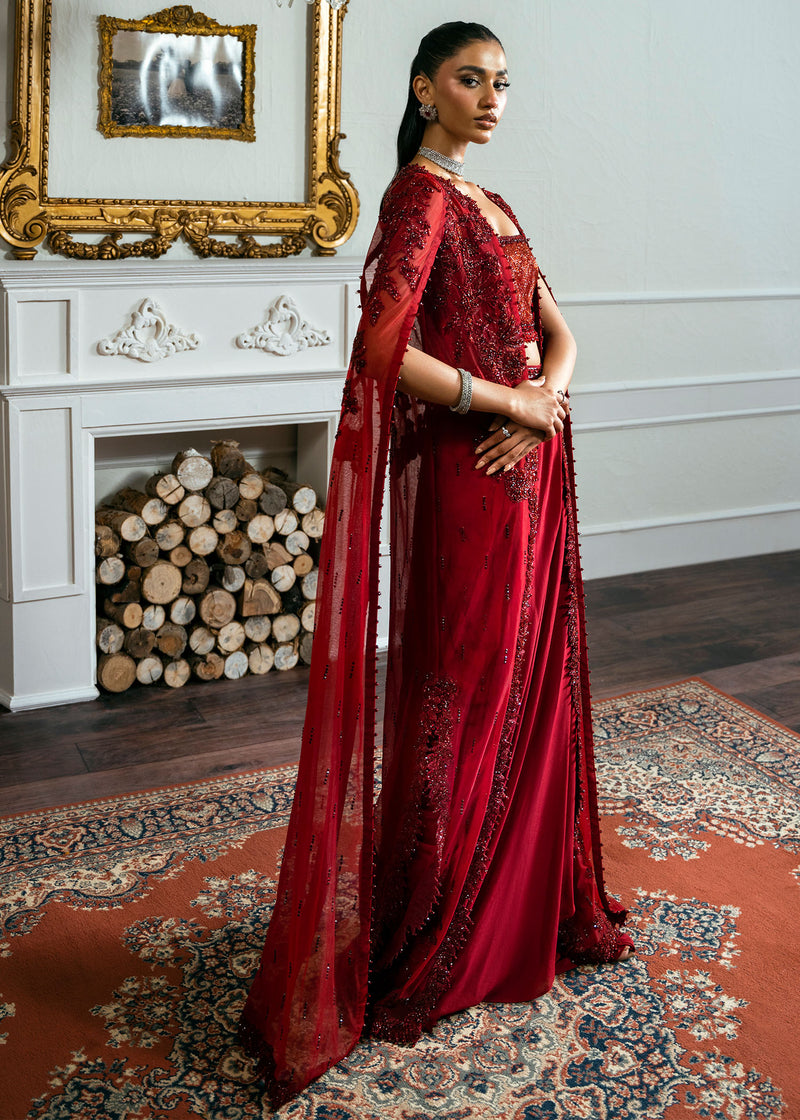 Deep Red Beaded Net Cape Dress (3-Piece) - Image 6
