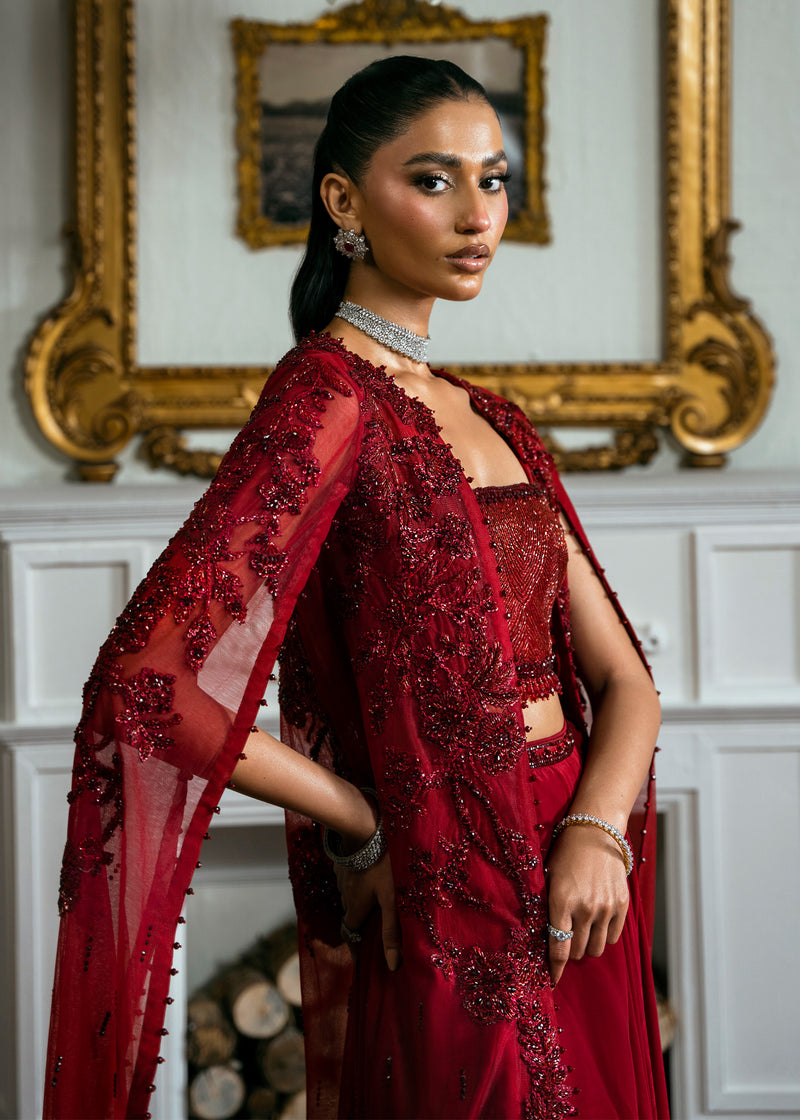 Deep Red Beaded Net Cape Dress (3-Piece) - Image 7
