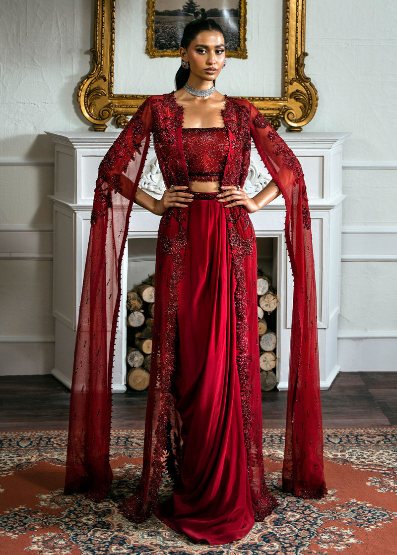 Pakistani Deep Red Beaded Net Cape Dress (3-Piece) - Image 1