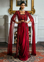 Pakistani Deep Red Beaded Net Cape Dress (3-Piece) - Image 2
