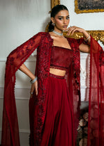 Pakistani Deep Red Beaded Net Cape Dress (3-Piece) - Image 3