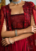Pakistani Deep Red Beaded Net Cape Dress (3-Piece) - Image 4