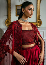 Pakistani Deep Red Beaded Net Cape Dress (3-Piece) - Image 6