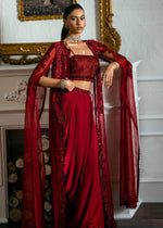 Pakistani Deep Red Beaded Net Cape Dress (3-Piece) - Image 9