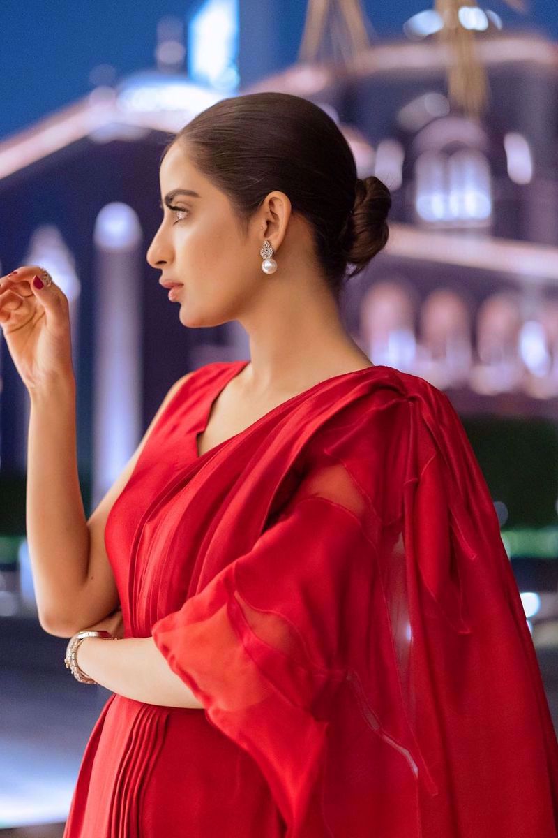 Pakistani Red Silk Cape Gown (1-Pc) - Image 2