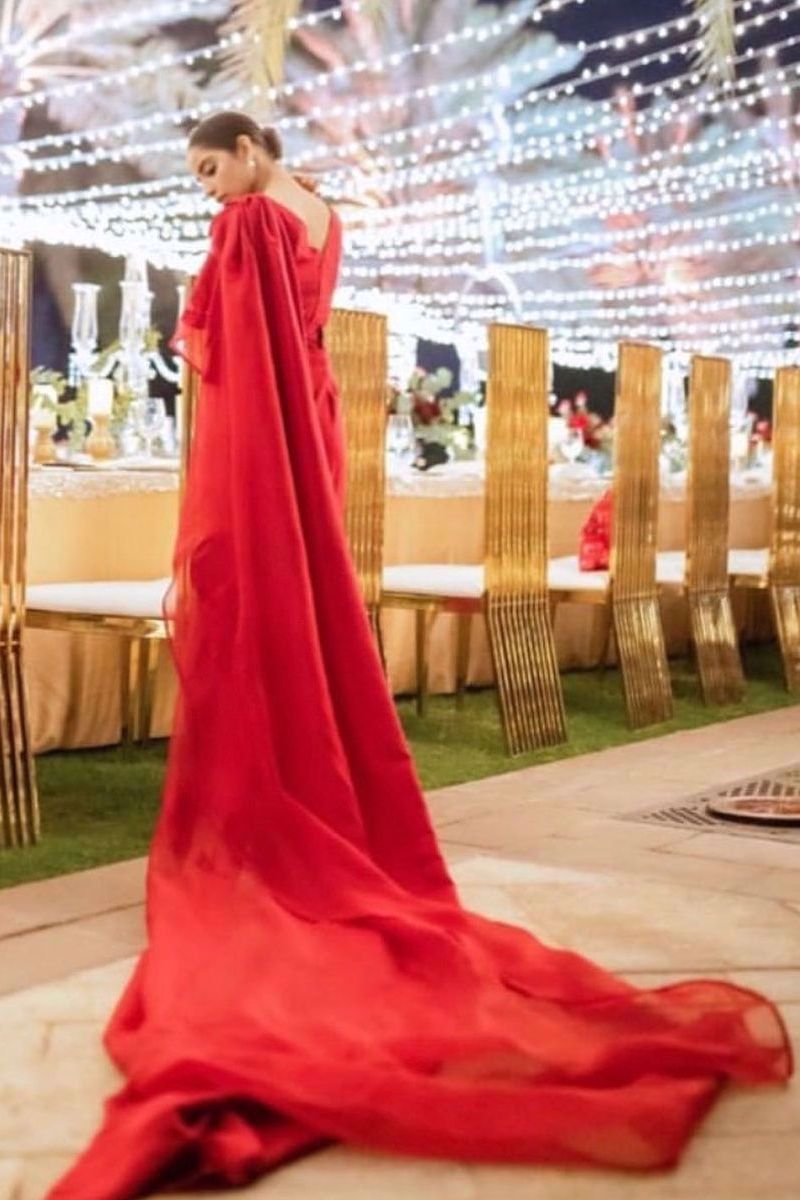 Pakistani Red Silk Cape Gown (1-Pc) - Image 4