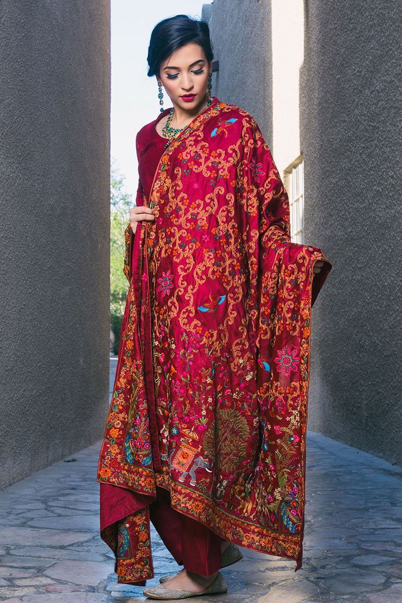 Pakistani Deep Red Kashmiri Hand-Embroidered Wool Chaddar (1-Pc) - Image 1