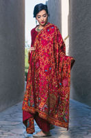 Pakistani Deep Red Kashmiri Hand-Embroidered Wool Chaddar (1-Pc) - Image 2