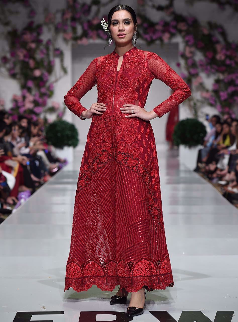 Pakistani Deep Red Embroidered Net Jacket Co-ord Set (2-Piece) - Image 2
