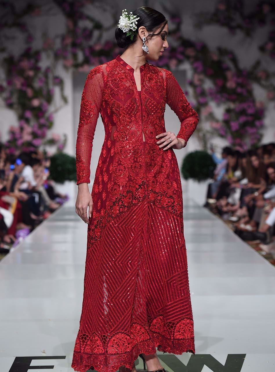 Pakistani Deep Red Embroidered Net Jacket Co-ord Set (2-Piece) - Image 4