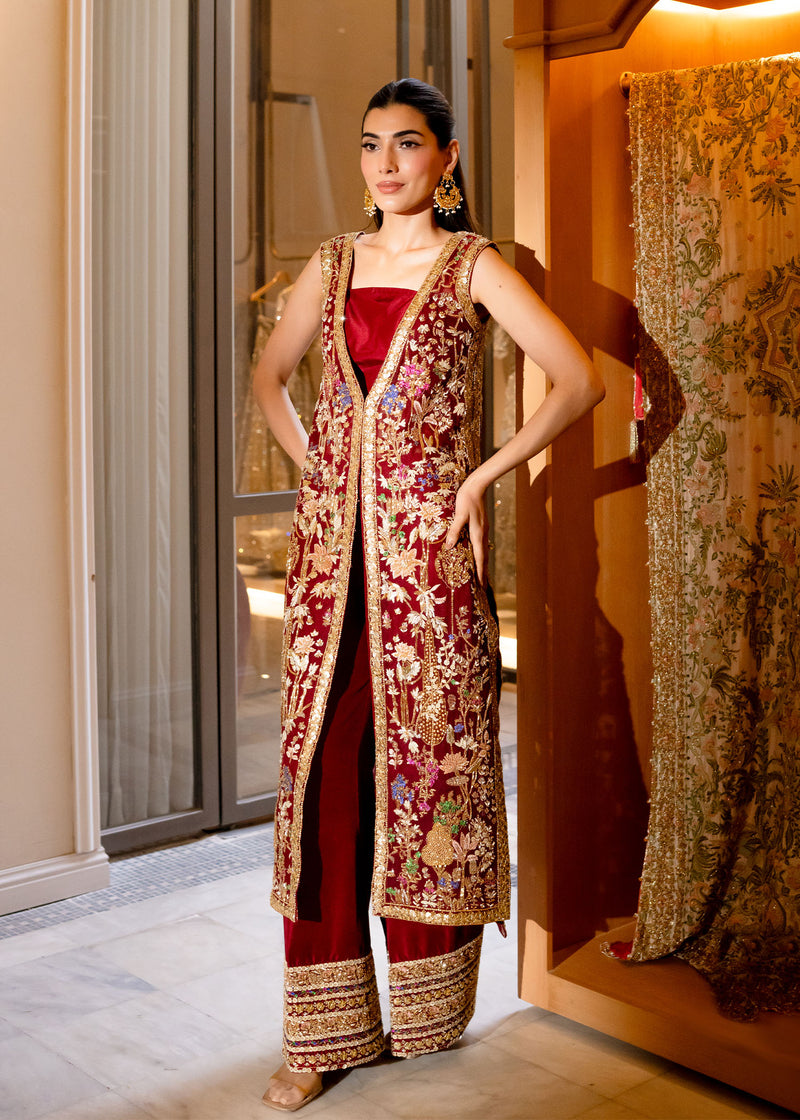 Indian Deep Red Embellished Velvet Long Jacket Co-ord (3-Piece) - Image 1