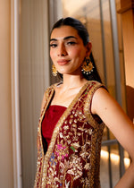 Indian Deep Red Embellished Velvet Long Jacket Co-ord (3-Piece) - Image 3