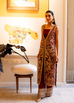 Indian Deep Red Embellished Velvet Long Jacket Co-ord (3-Piece) - Image 5