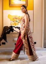 Indian Deep Red Embellished Velvet Long Jacket Co-ord (3-Piece) - Image 7