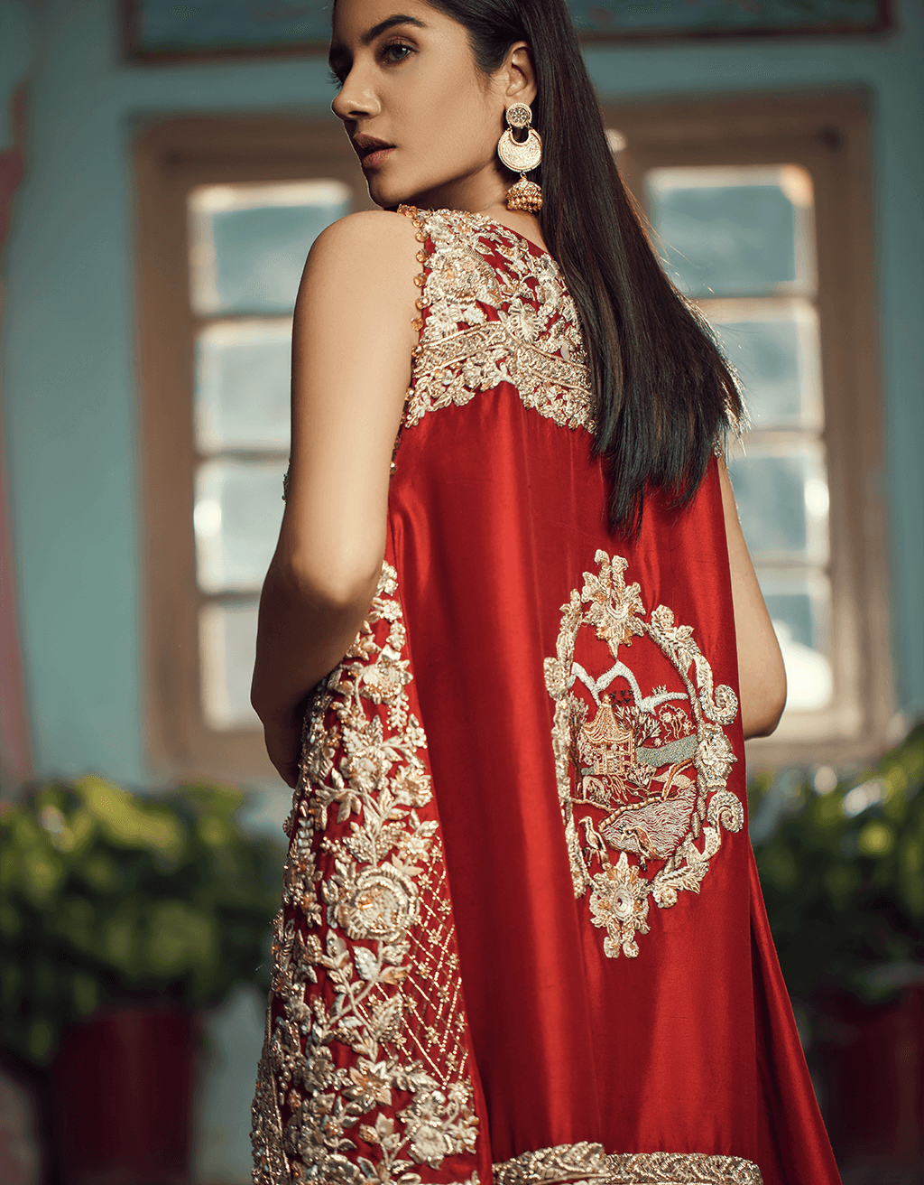 Indian Pomegranate Red Embroidered Silk Co-ord Set (2-Piece) - Image 3