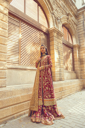 Pakistani Crimson Zardozi Brocade Farshi Dress (3-Piece) - Image 3