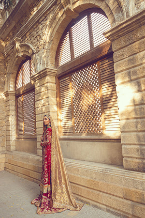 Pakistani Crimson Zardozi Brocade Farshi Dress (3-Piece) - Image 4