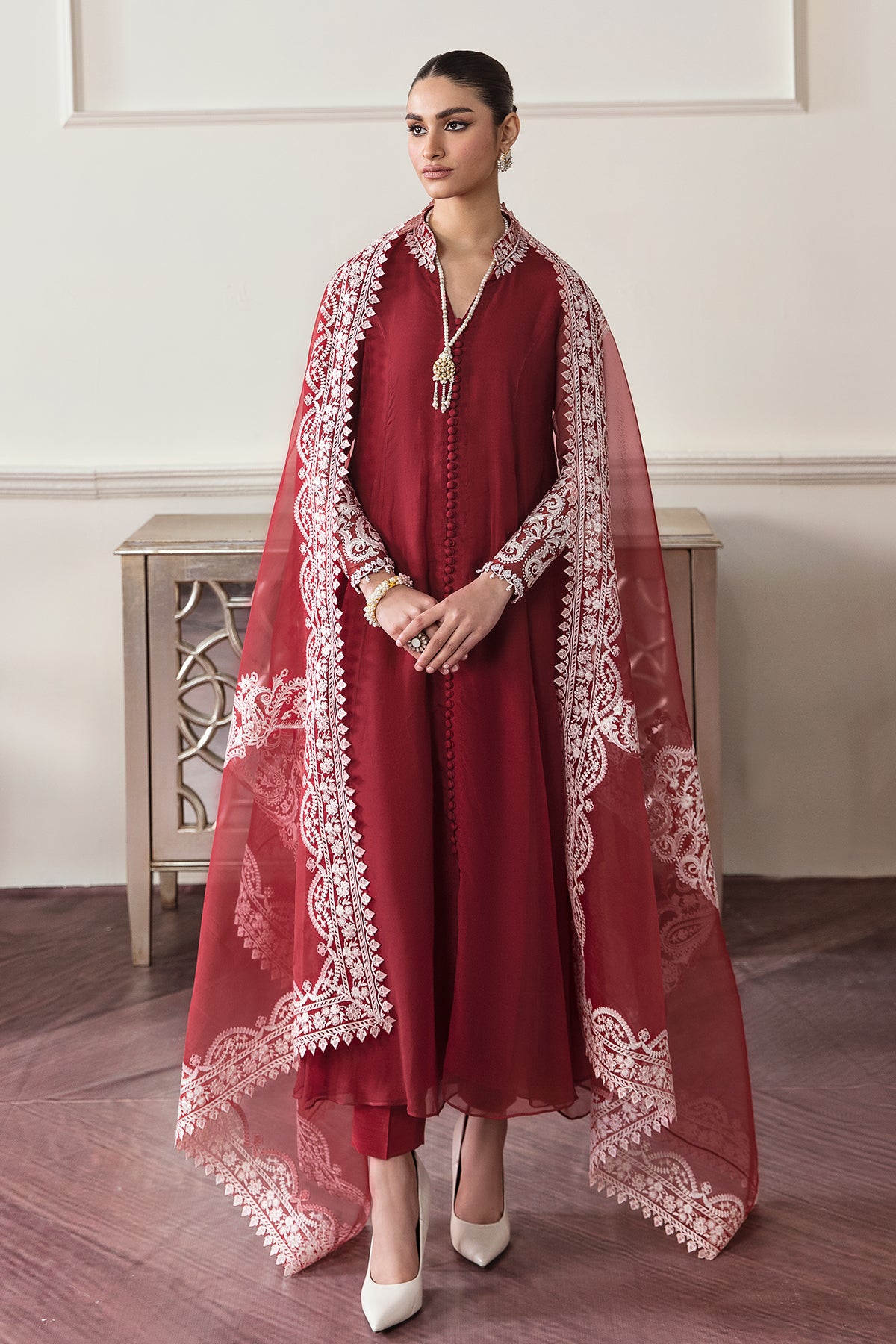 Pakistani Deep Red Embroidered Chiffon Frock (3-Piece) - Image 1