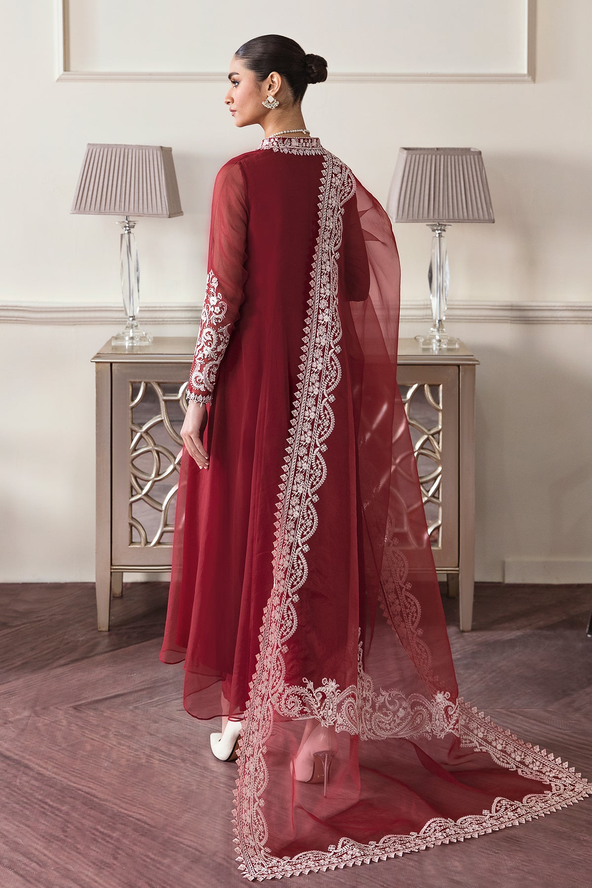 Pakistani Deep Red Embroidered Chiffon Frock (3-Piece) - Image 2