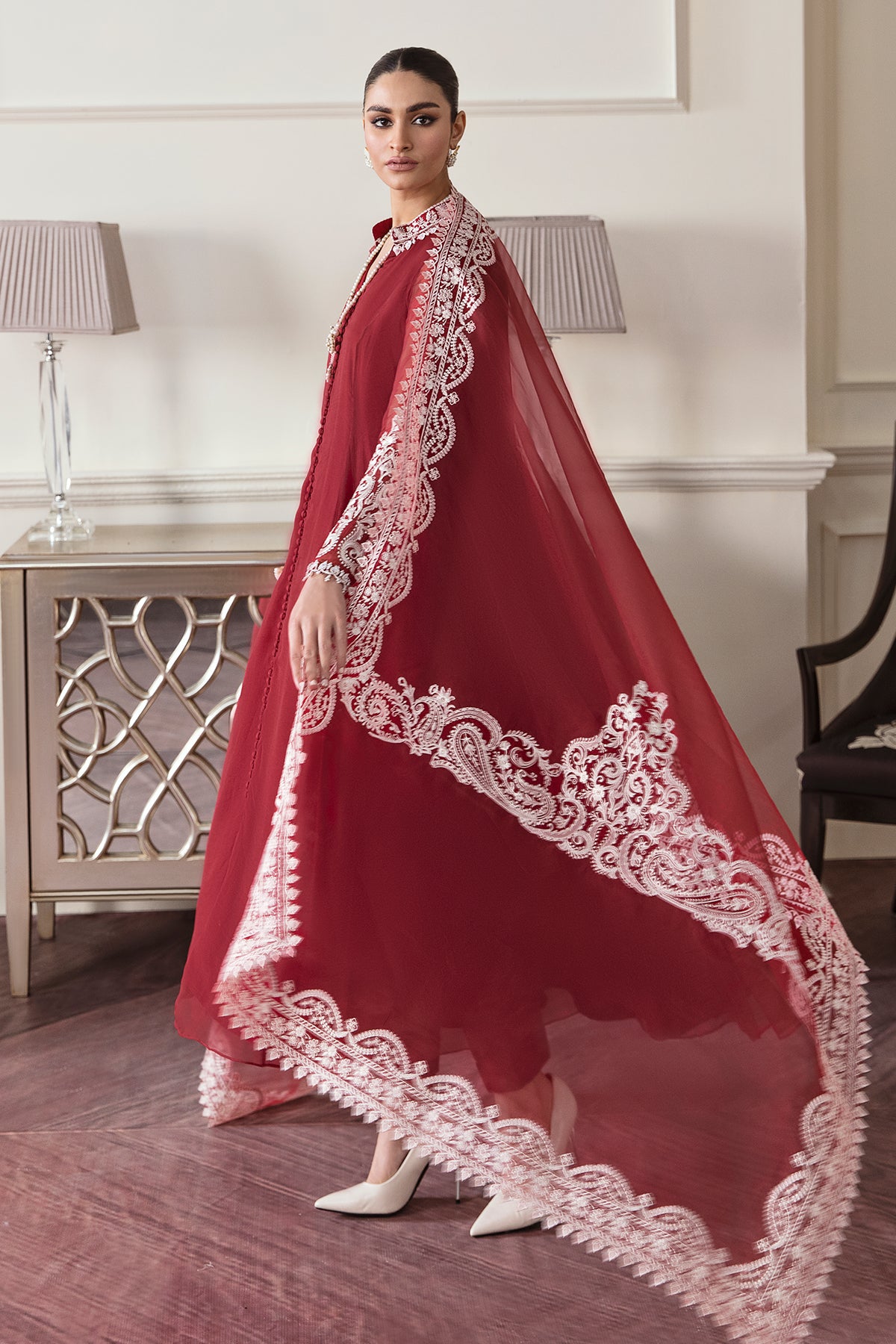 Pakistani Deep Red Embroidered Chiffon Frock (3-Piece) - Image 3