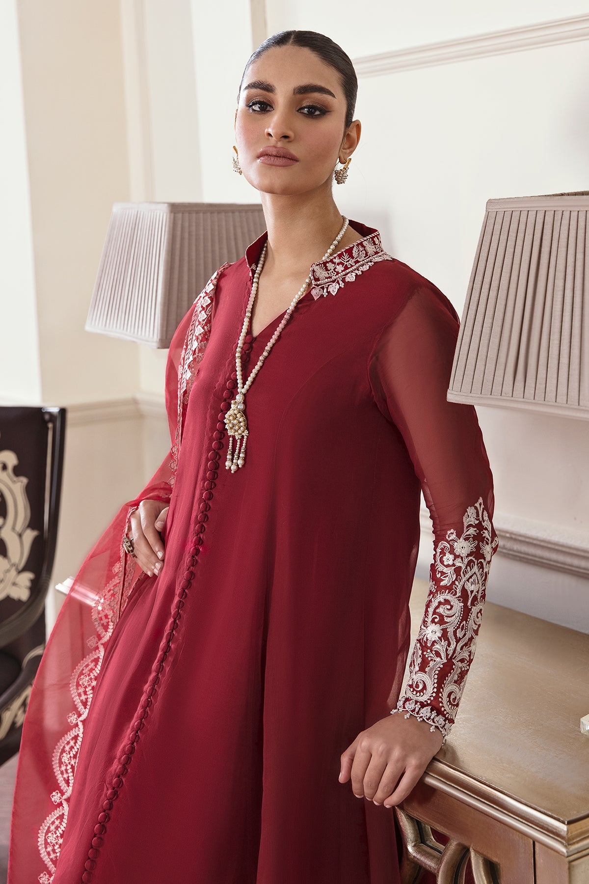 Pakistani Deep Red Embroidered Chiffon Frock (3-Piece) - Image 5