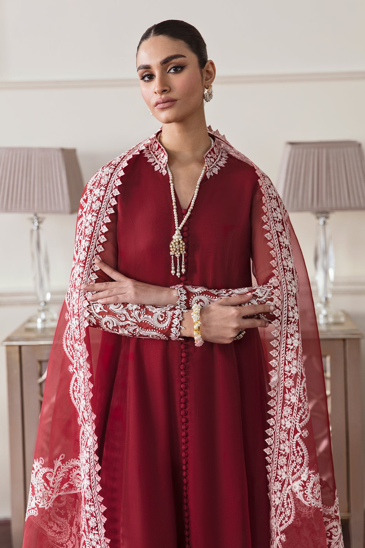 Pakistani Deep Red Embroidered Chiffon Frock (3-Piece) - Image 6