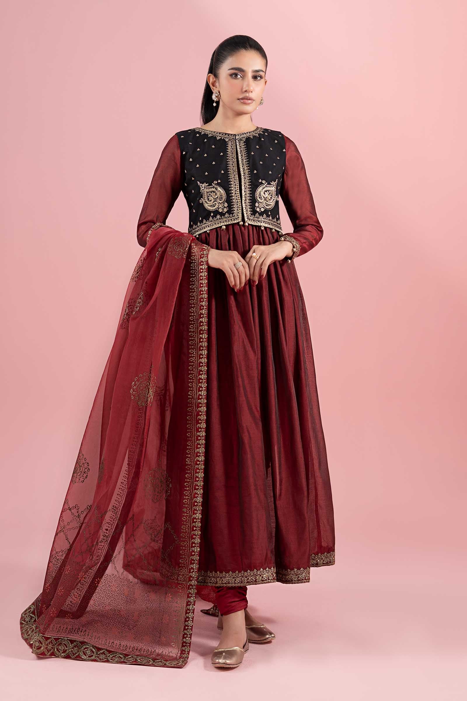 Pakistani Red Embroidered Paper Cotton Frock (3-Piece) - Image 2