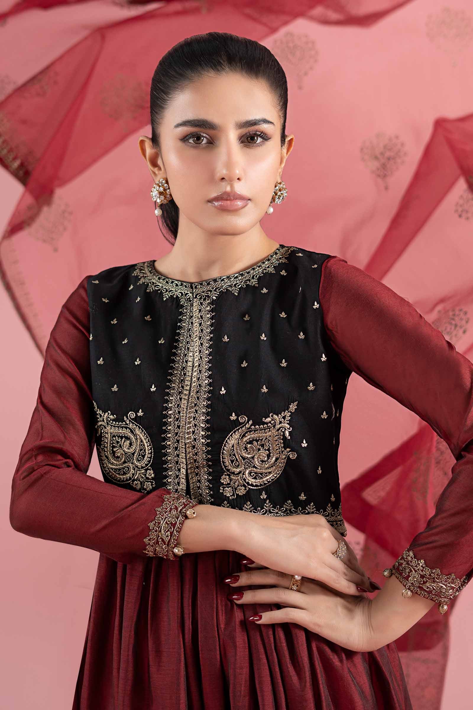 Pakistani Red Embroidered Paper Cotton Frock (3-Piece) - Image 3