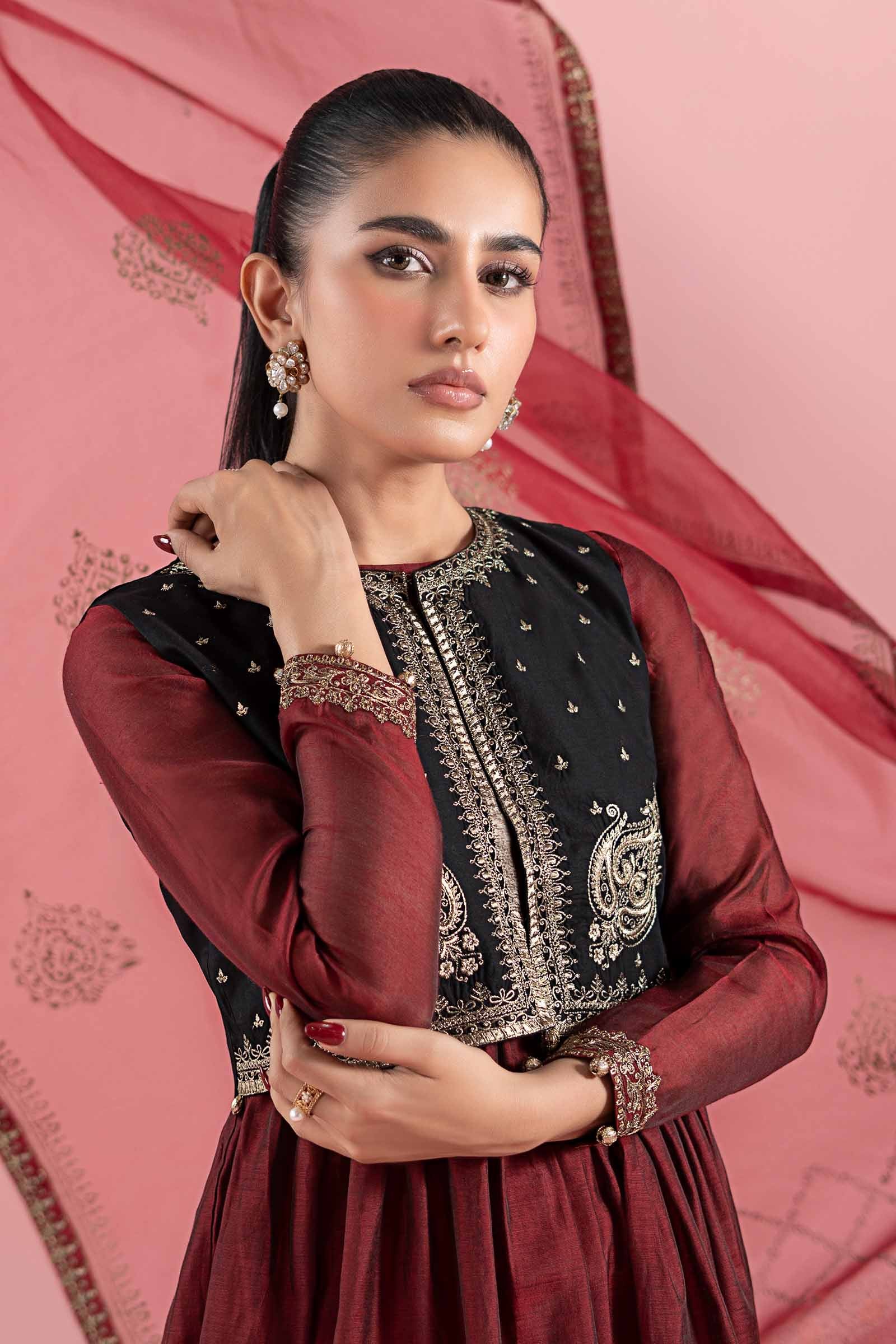 Pakistani Red Embroidered Paper Cotton Frock (3-Piece) - Image 4