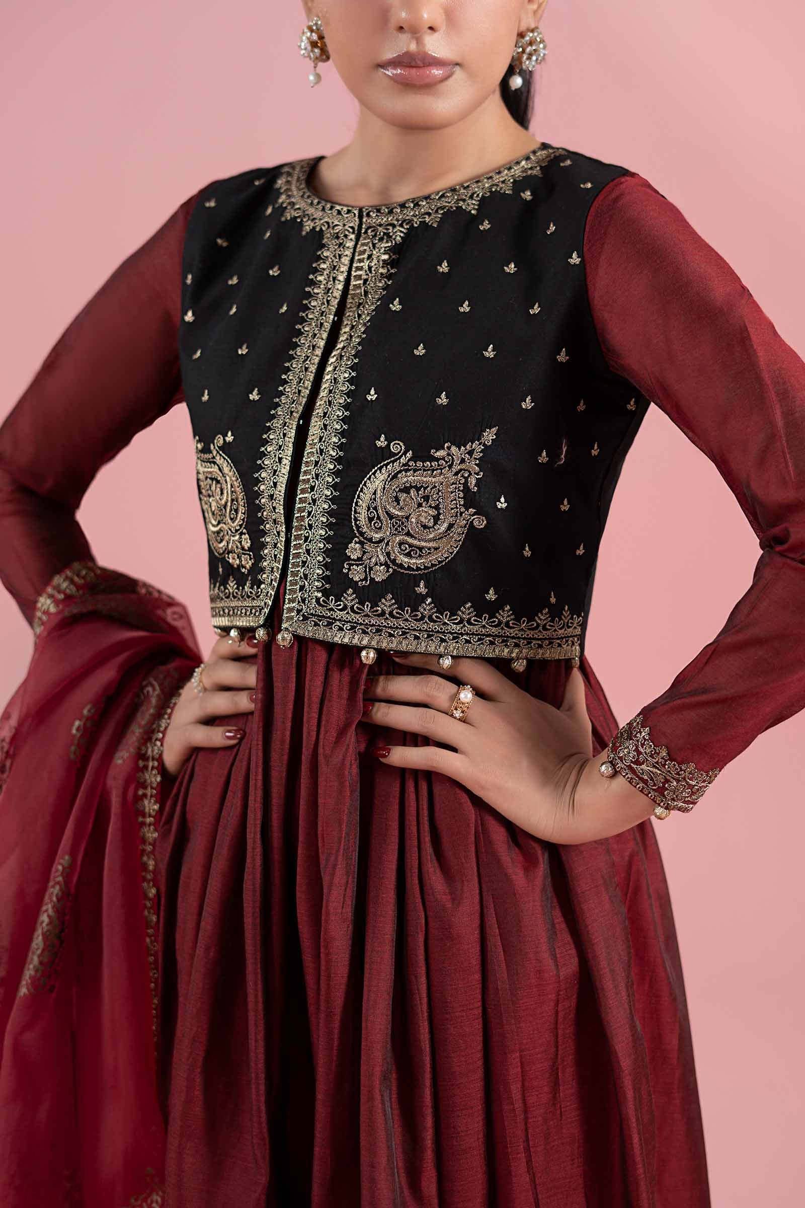 Pakistani Red Embroidered Paper Cotton Frock (3-Piece) - Image 5