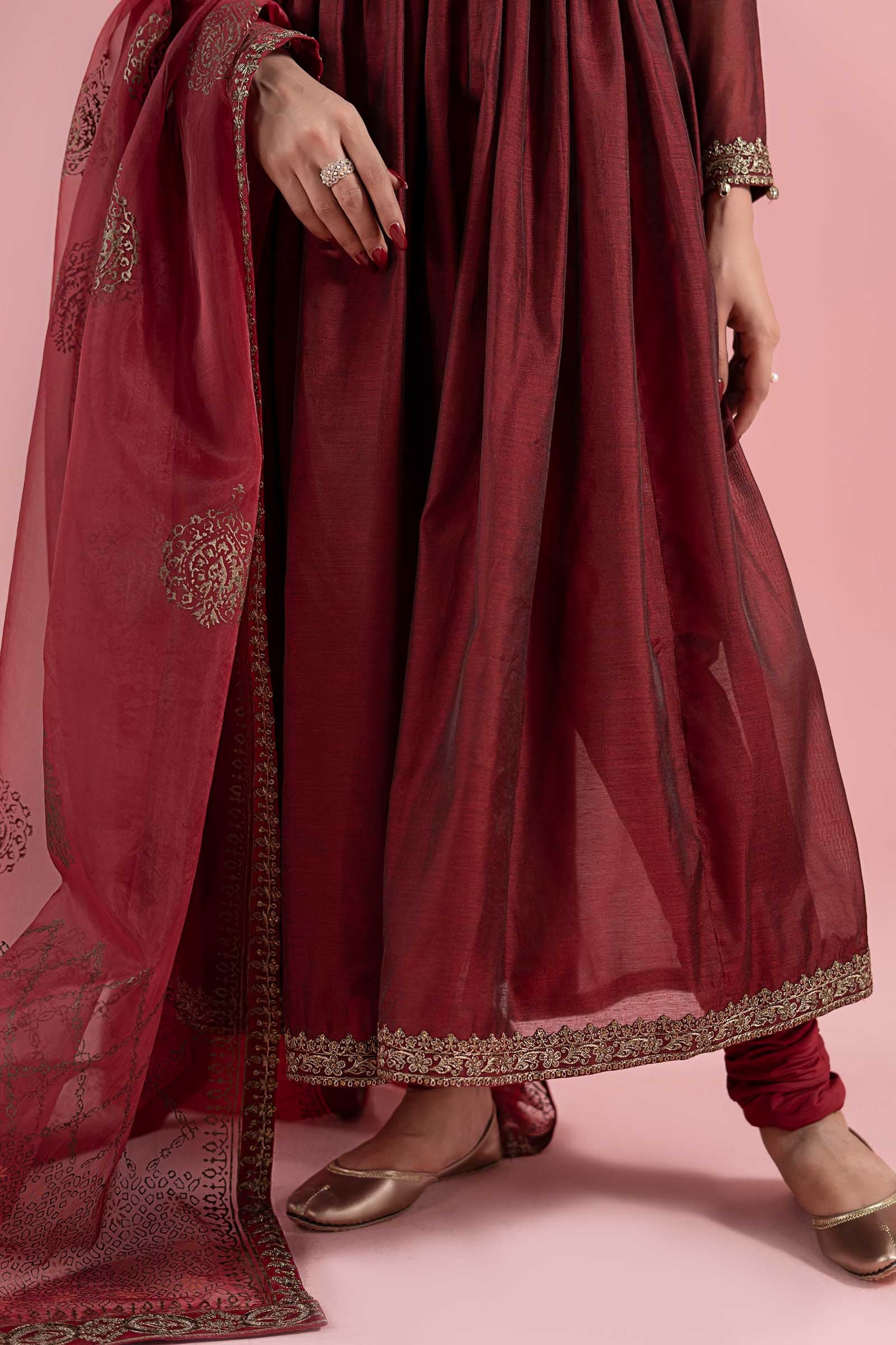Pakistani Red Embroidered Paper Cotton Frock (3-Piece) - Image 6