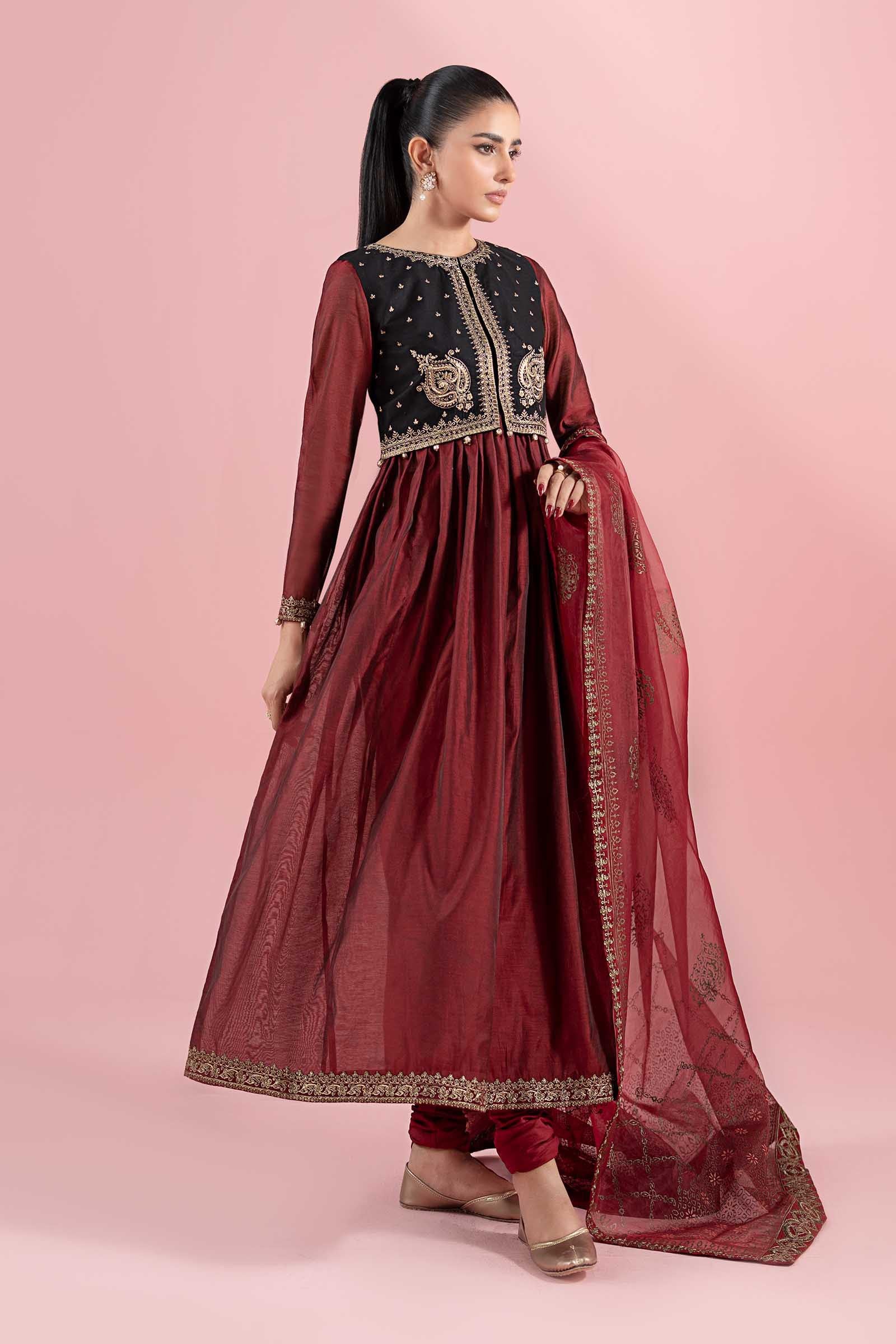 Pakistani Red Embroidered Paper Cotton Frock (3-Piece) - Image 7