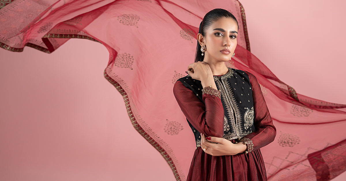 Pakistani Red Embroidered Paper Cotton Frock (3-Piece) - Image 9