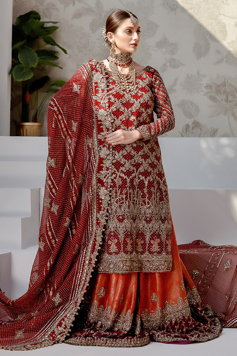 Red Tilla Zardozi Organza Bridal Farshi Gharara (3-Piece) - Image 1