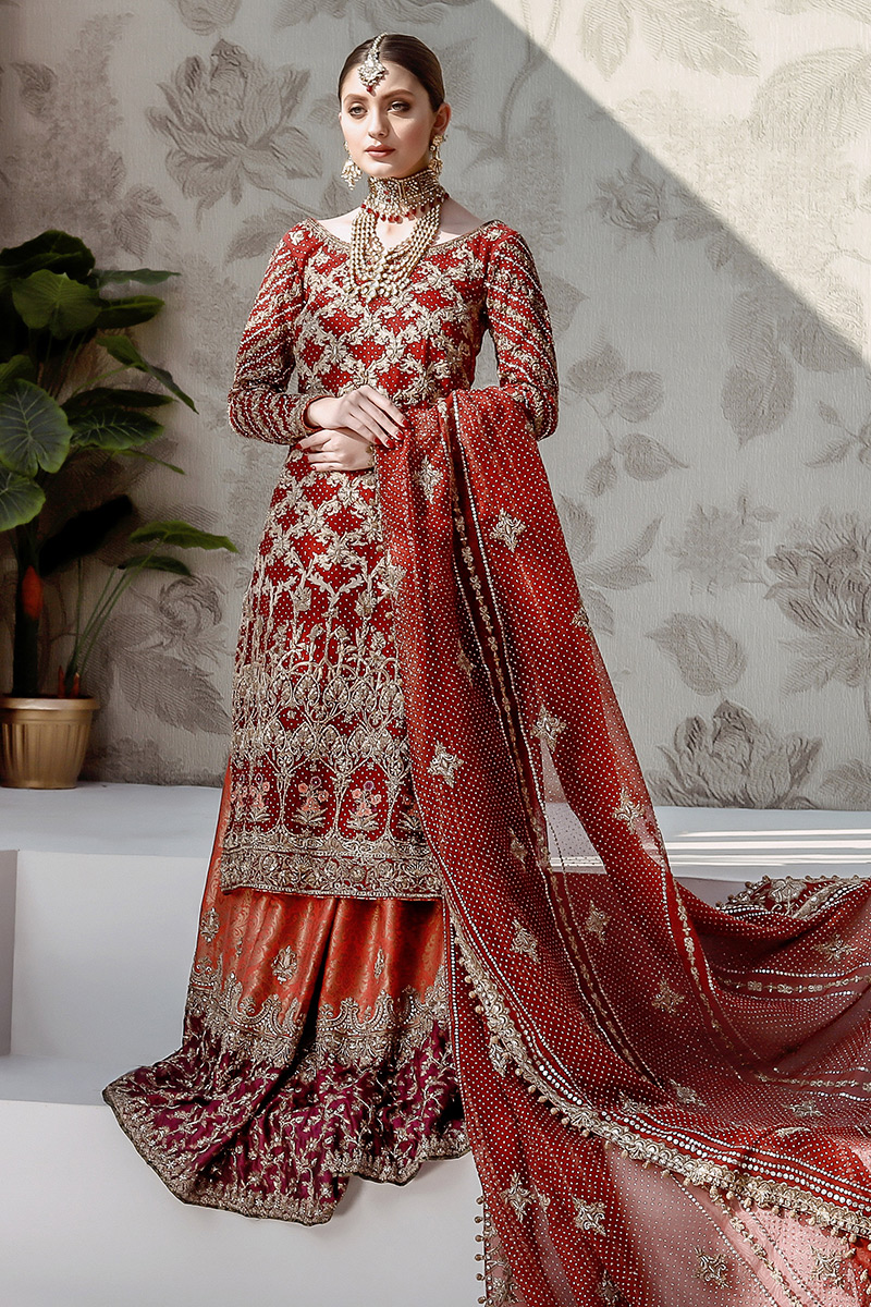 Red Tilla Zardozi Organza Bridal Farshi Gharara (3-Piece) - Image 2