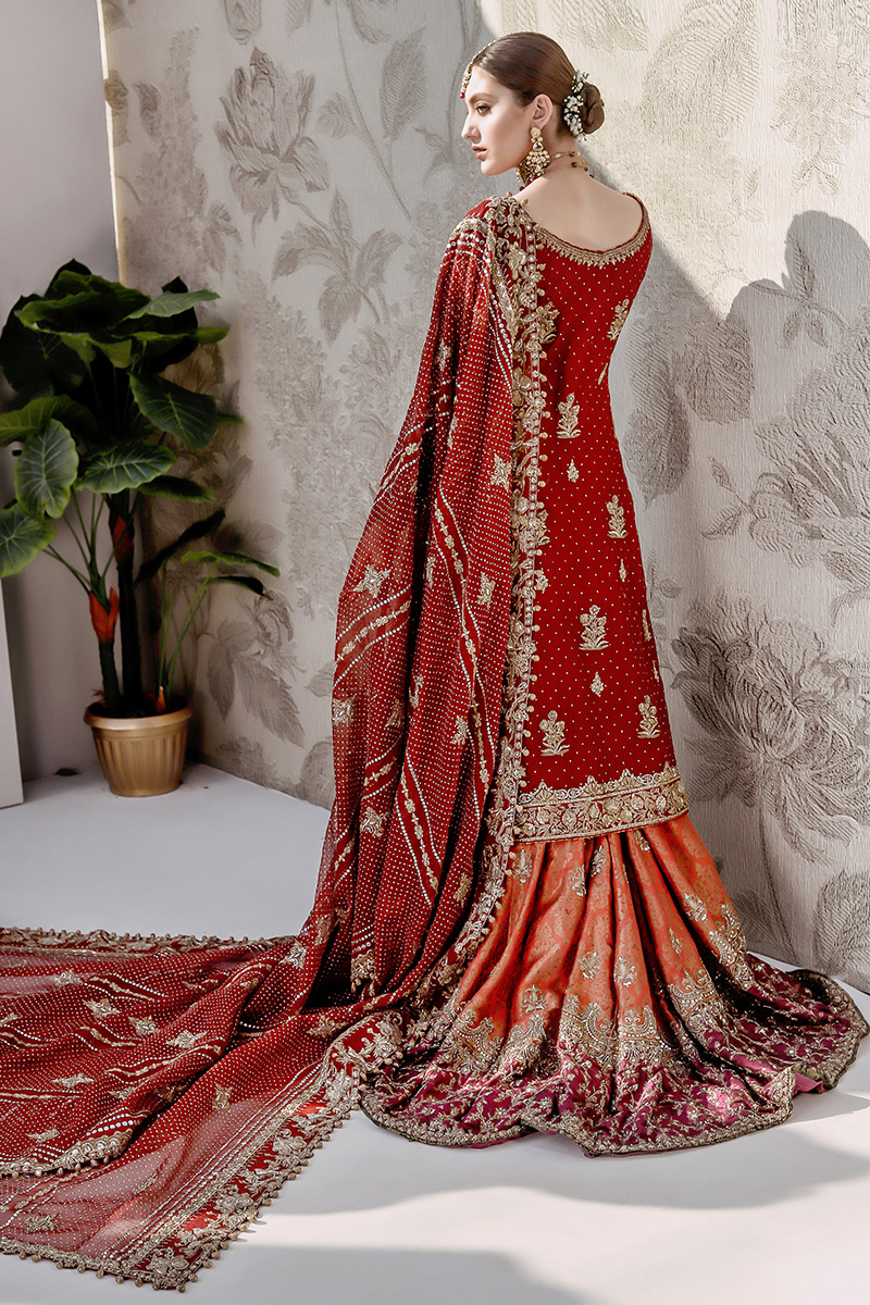 Red Tilla Zardozi Organza Bridal Farshi Gharara (3-Piece) - Image 3