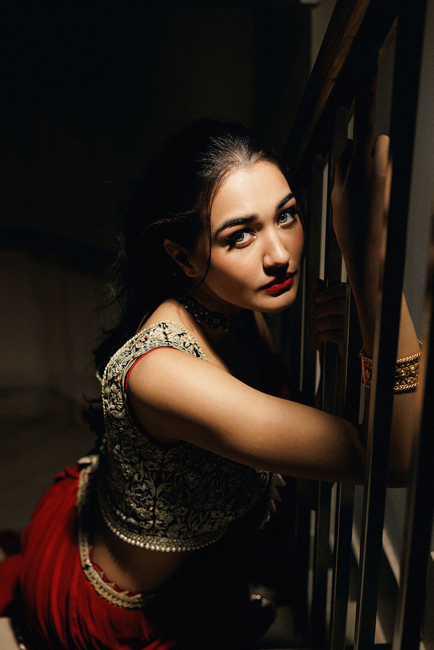 Pakistani Red Gara Embroidered Pure Chiffon Gharara Sari (3-Piece) - Image 2