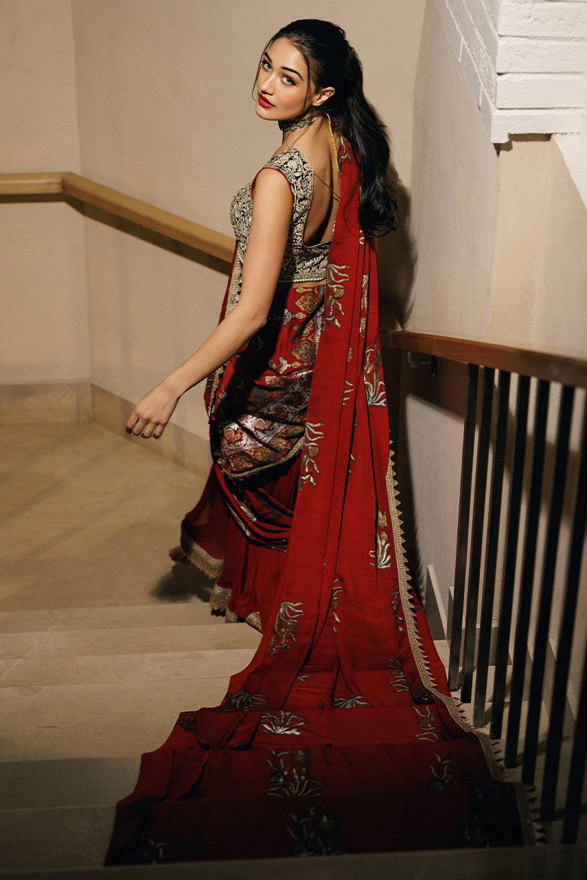 Pakistani Red Gara Embroidered Pure Chiffon Gharara Sari (3-Piece) - Image 3