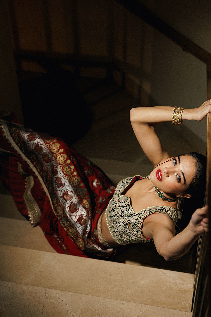 Pakistani Red Gara Embroidered Pure Chiffon Gharara Sari (3-Piece) - Image 4