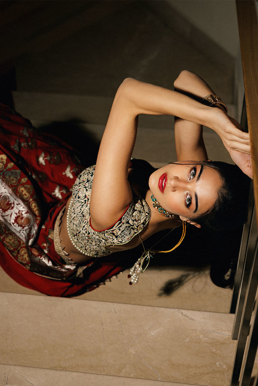 Pakistani Red Gara Embroidered Pure Chiffon Gharara Sari (3-Piece) - Image 5