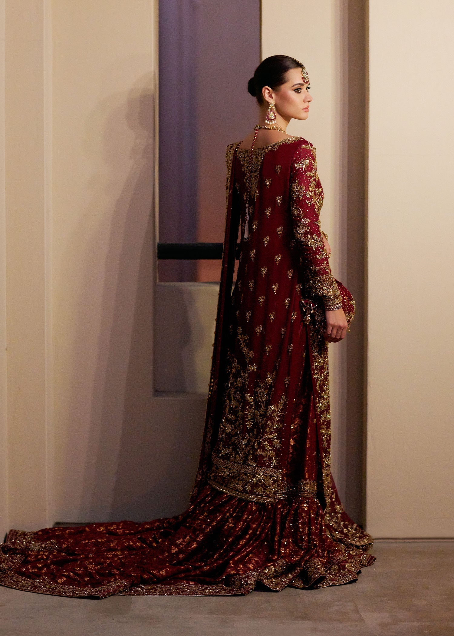 Deep Red Zardozi Chiffon Jamawar Farshi Gharara (3-Piece) - Image 6