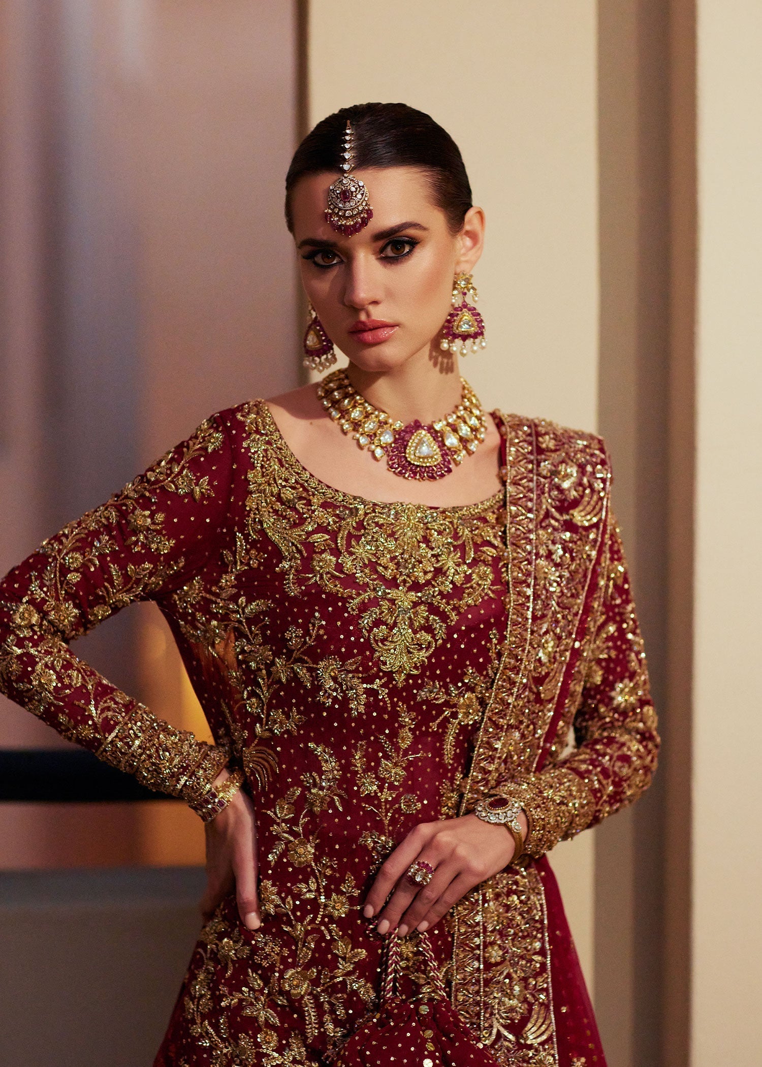 Deep Red Zardozi Chiffon Jamawar Farshi Gharara (3-Piece) - Image 7